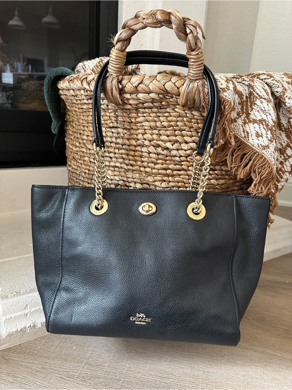 Coach Black Turnlock Leather Tote 27 with Gold Chain Handles